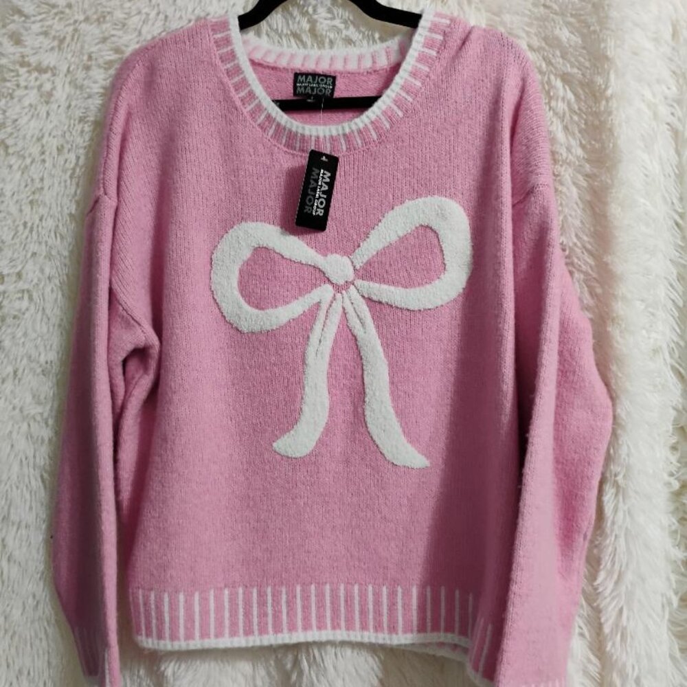 Major Label Group Pink Oversized Sweater with White Bow NWT Size L